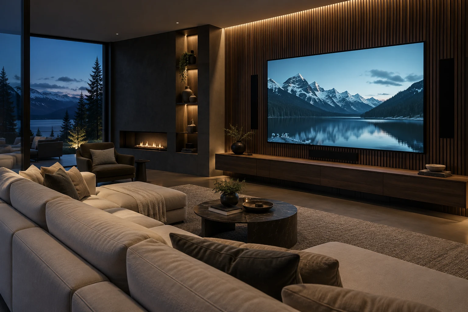 Contemporary home cinema with an integrated widescreen display, walnut cabinetry, and warm architectural lighting